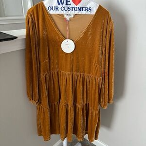 Umgee Mustard Velvet V-Neck Tiered Dress